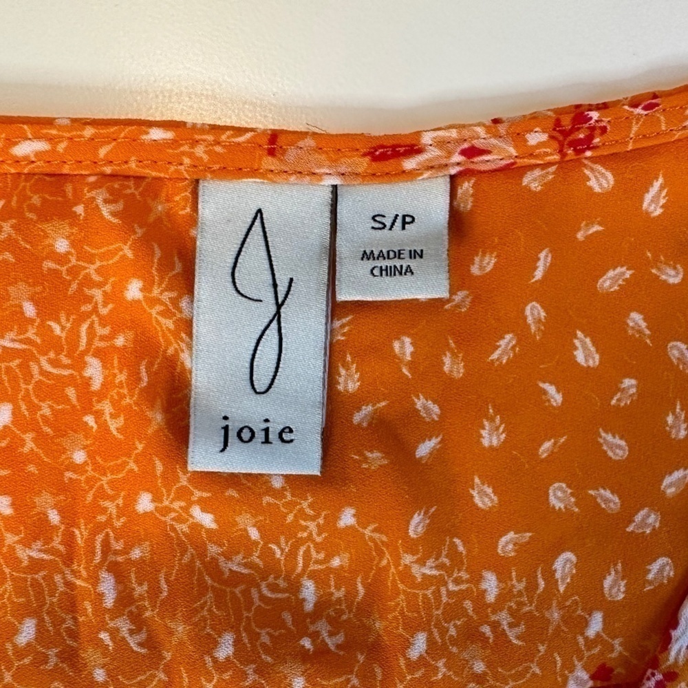 Joie Blouse Sz S Shirt Floral Orange Button Bow Tie Front Crop Cottagecore - Picture 9 of 11